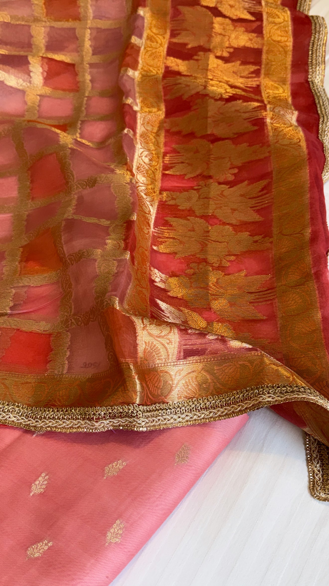 Shades of peach - Kora silk rangkaat kadhwa duppata paired silk kurta set